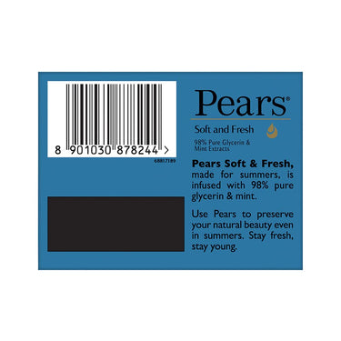 Pears Soft and Fresh Soap Bar (Combo Pack of 4) - With Glycerin and Mint for Soft Skin & Body, Paraben-Free Body Soaps For Bath Ideal for Men & Women